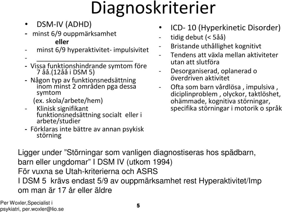 skola/arbete/hem) - Klinisk signifikant funktionsnedsättning socialt eller i arbete/studier - Förklaras inte bättre av annan psykisk störning ICD- 10 (Hyperkinetic Disorder) - tidig debut (< 5åå) -