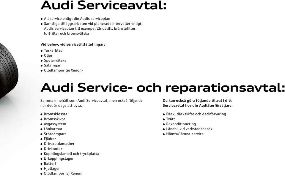 följande när det är dags att byta: Bromsklossar Bromsskivor Avgassystem Länkarmar Stötdämpare Fjädrar Drivaxeldamasker Drivknutar Kopplingslamell och tryckplatta Urkopplingslager Batteri Hjullager