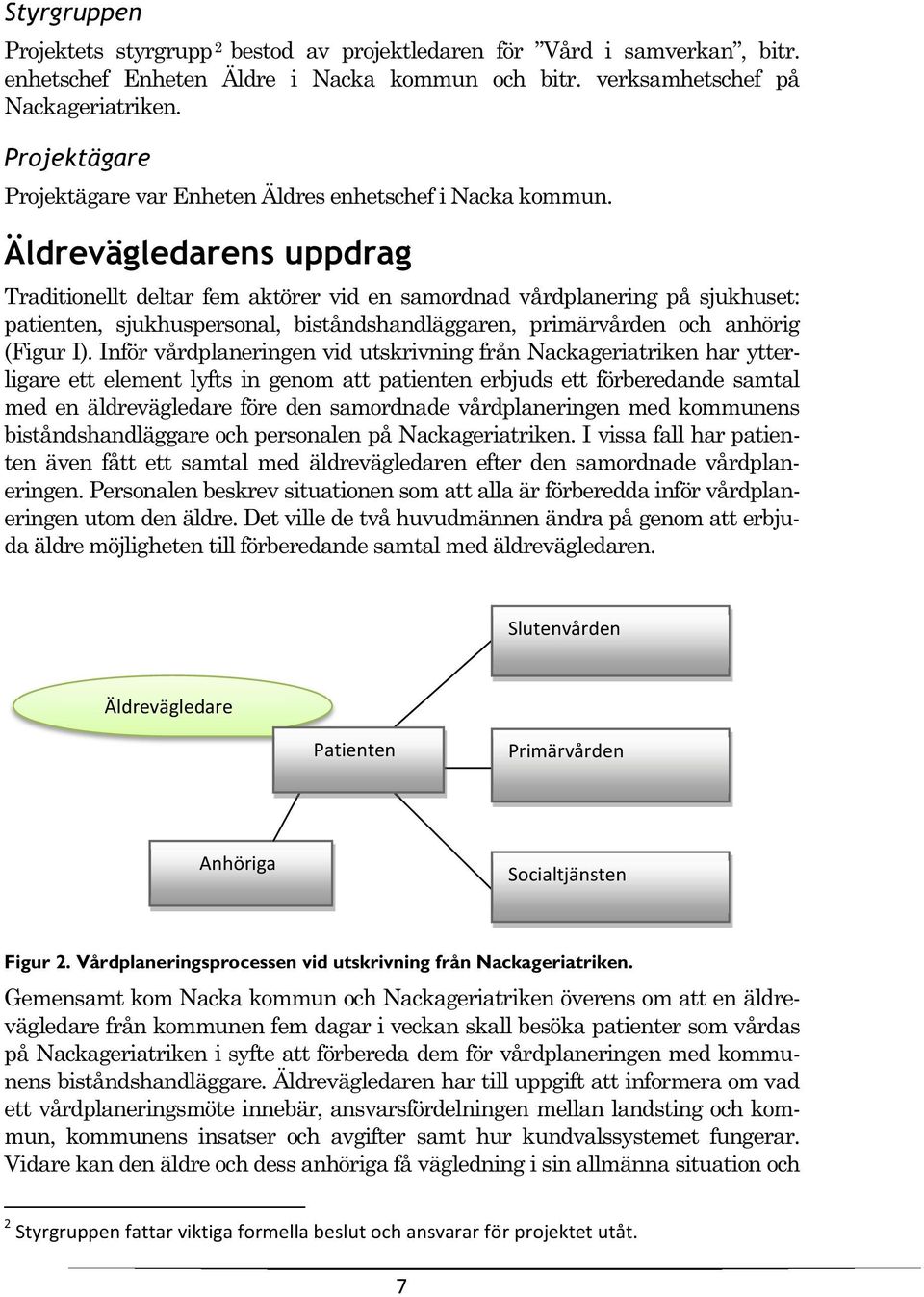 Äldrevägledarens uppdrag Traditionellt deltar fem aktörer vid en samordnad vårdplanering på sjukhuset: patienten, sjukhuspersonal, biståndshandläggaren, primärvården och anhörig (Figur I).