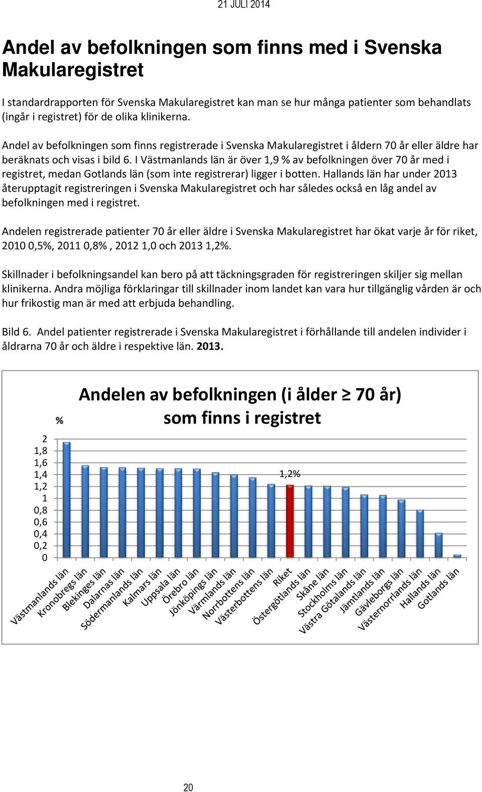 I Västmanlands län är över 1,9 % av befolkningen över 70 år med i registret, medan Gotlands län (som inte registrerar) ligger i botten.