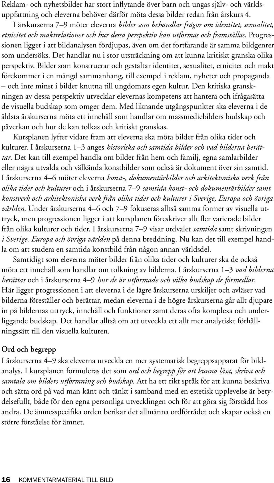 Progressionen ligger i att bildanalysen fördjupas, även om det fortfarande är samma bildgenrer som undersöks. Det handlar nu i stor utsträckning om att kunna kritiskt granska olika perspektiv.