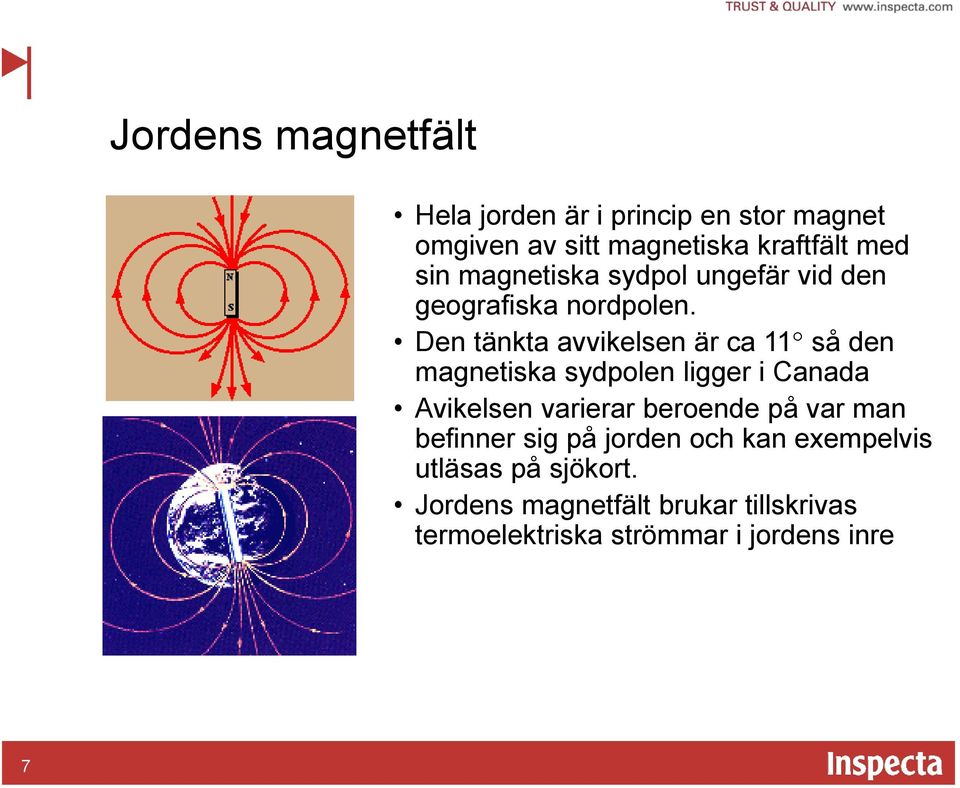 Den tänkta avvikelsen är ca 11 så den magnetiska sydpolen ligger i Canada Avikelsen varierar beroende