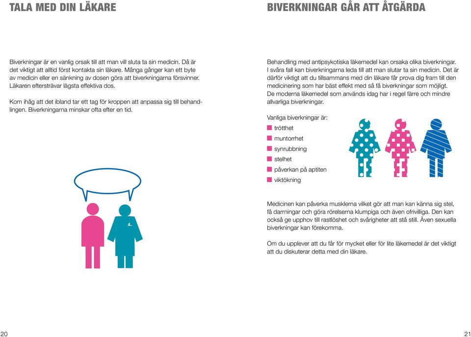 Kom ihåg att det ibland tar ett tag för kroppen att anpassa sig till behandlingen. Biverkningarna minskar ofta efter en tid. Behandling med antipsykotiska läkemedel kan orsaka olika biverkningar.