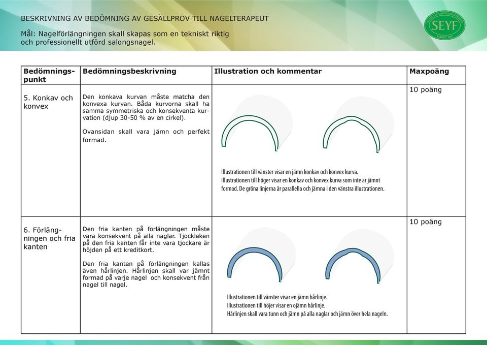 De gröna linjerna är parallella och jämna i den vänstra illustrationen. 6. Förlängningen och fria kanten Den fria kanten på förlängningen måste vara konsekvent på alla naglar.