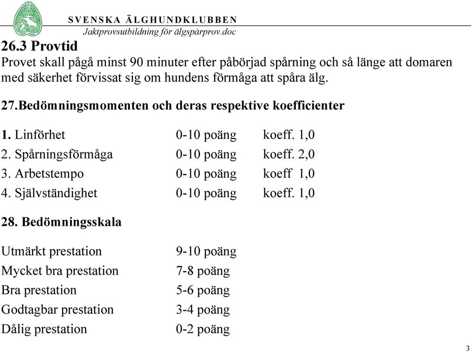 Spårningsförmåga 0-10 poäng koeff. 2,0 3. Arbetstempo 0-10 poäng koeff 1,0 4. Självständighet 0-10 poäng koeff. 1,0 28.