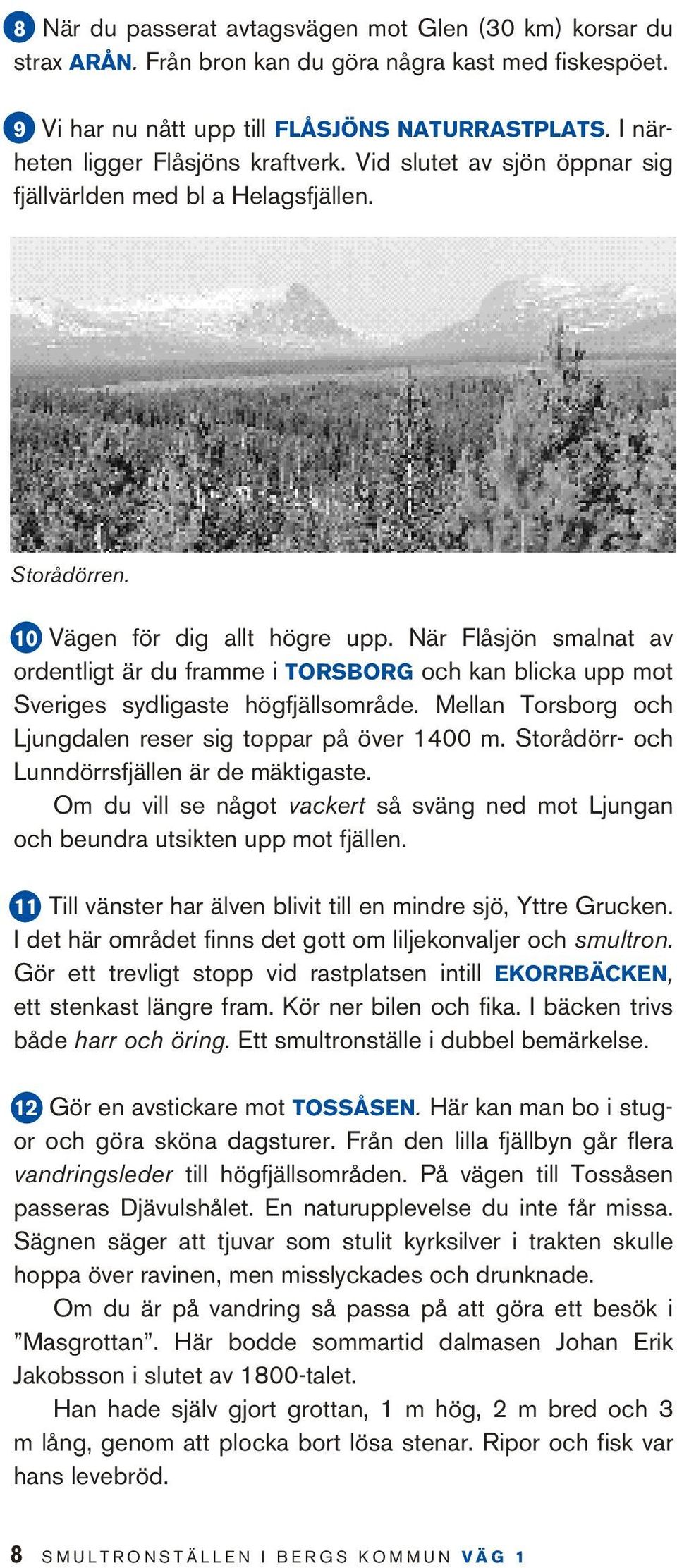 När Flåsjön smalnat av ordentligt är du framme i Torsborg och kan blicka upp mot Sveriges sydligaste högfjällsområde. Mellan Tors borg och Ljungdalen reser sig toppar på över 1400 m.