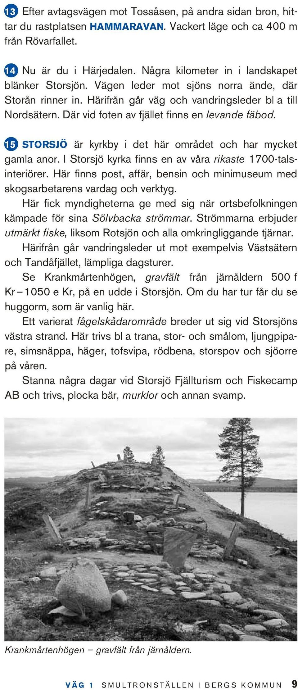 Där vid foten av fjället finns en levande fäbod. 15 Storsjö är kyrkby i det här området och har mycket gamla anor. I Storsjö kyrka finns en av våra rikaste 1700-talsinteriörer.