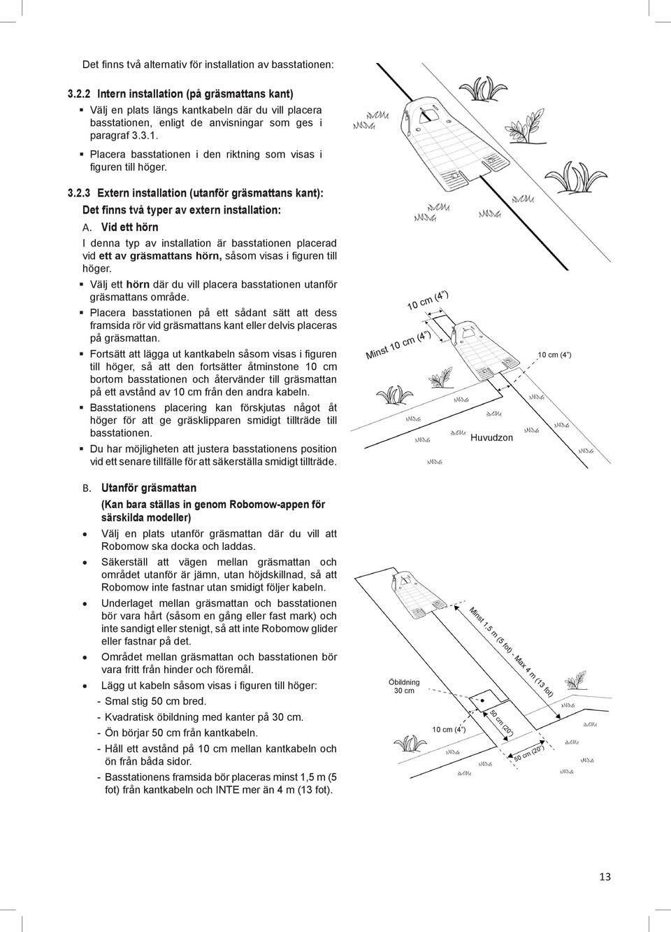 Placera basstationen i den riktning som visas i figuren till höger. 3.2.3 Extern installation (utanför gräsmattans kant): Det finns två typer av extern installation: A.