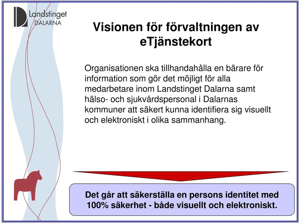 sjukvårdspersonal i Dalarnas kommuner att säkert kunna identifiera sig visuellt och elektroniskt i