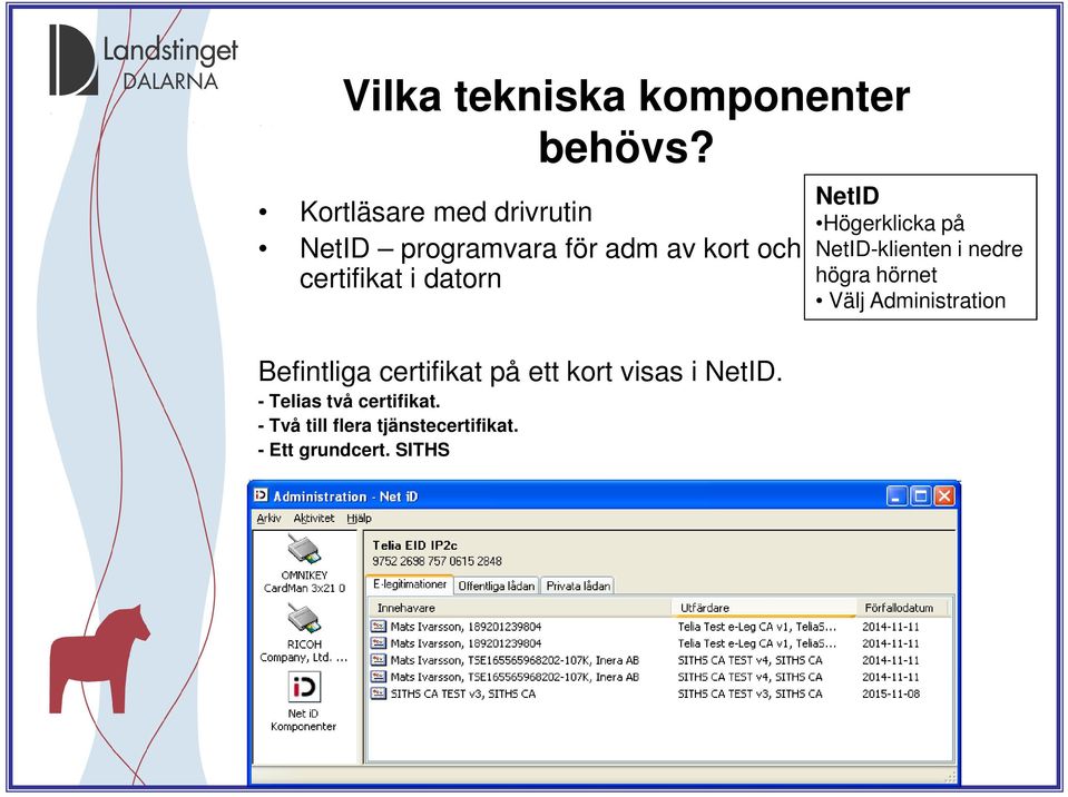 datorn Befintliga certifikat på ett kort visas i NetID. - Telias två certifikat.