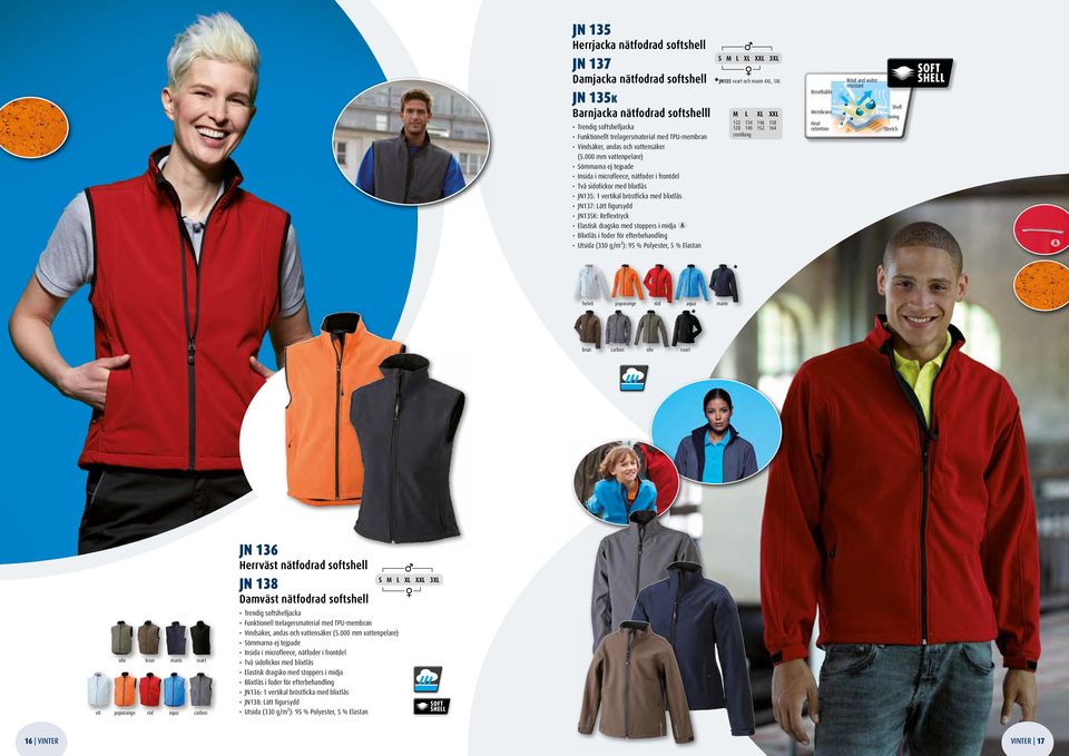 000 mm vattenpelare) Sömmarna ej tejpade Insida i microfleece, nätfoder i frontdel Två sidofickor med blixtlås JN135: 1 vertikal bröstficka med blixtlås JN137: Lätt figursydd JN135K: Reflextryck
