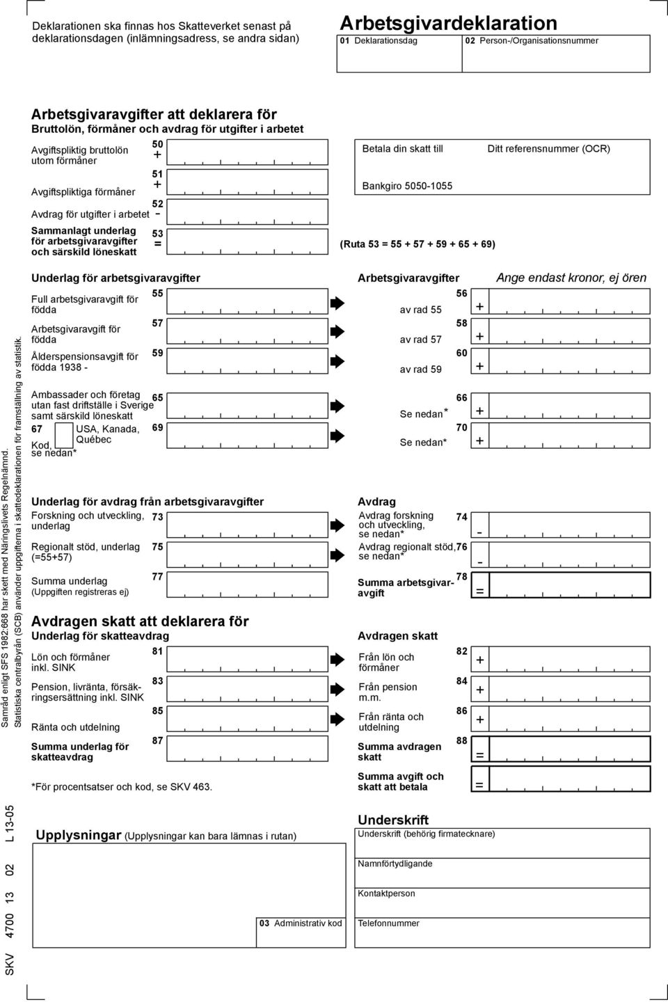 för arbetsgivaravgifter och särskild löneskatt Betala din skatt till Ditt referensnummer (OCR) Bankgiro 50501055 (Ruta 53 55 57 59 65 69) Underlag för arbetsgivaravgifter Full arbetsgivaravgift för