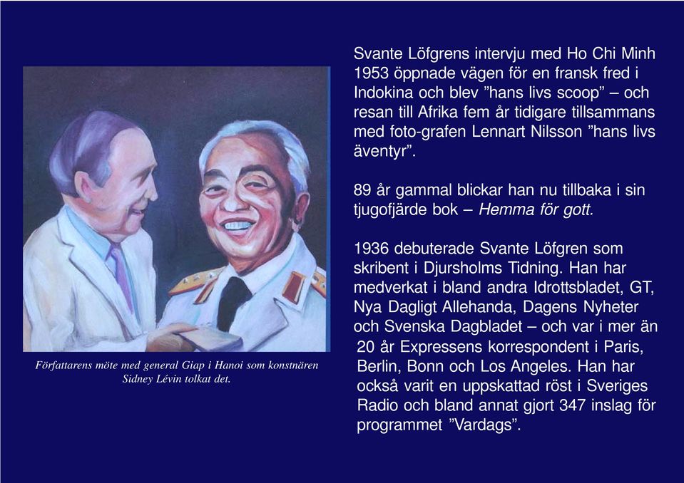 Författarens möte med general Giap i Hanoi som konstnären Sidney Lévin tolkat det. 1936 debuterade Svante Löfgren som skribent i Djursholms Tidning.
