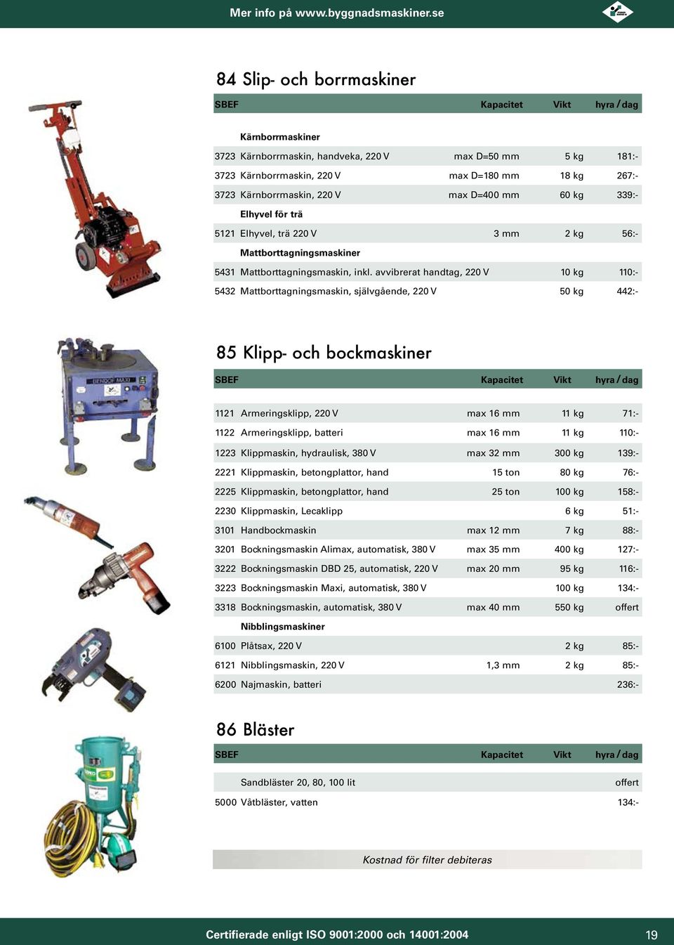 avvibrerat handtag, 220 V 10 kg 110:- 5432 Mattborttagningsmaskin, självgående, 220 V 50 kg 442:- 85 Klipp- och bockmaskiner 1121 Armeringsklipp, 220 V max 16 mm 11 kg 71:- 1122 Armeringsklipp,