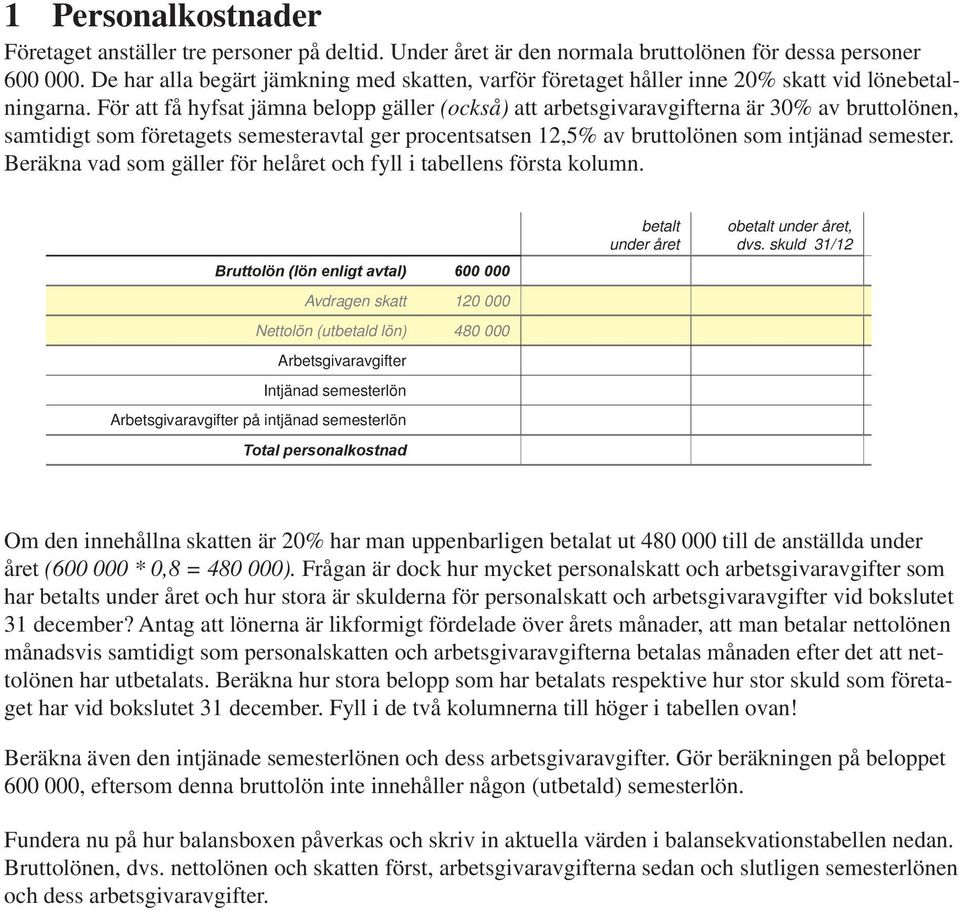 För att få hyfsat jämna belopp gäller (också) att arbetsgivaravgifterna är 30% av bruttolönen, samtidigt som företagets semesteravtal ger procentsatsen 12,5% av bruttolönen som intjänad semester.