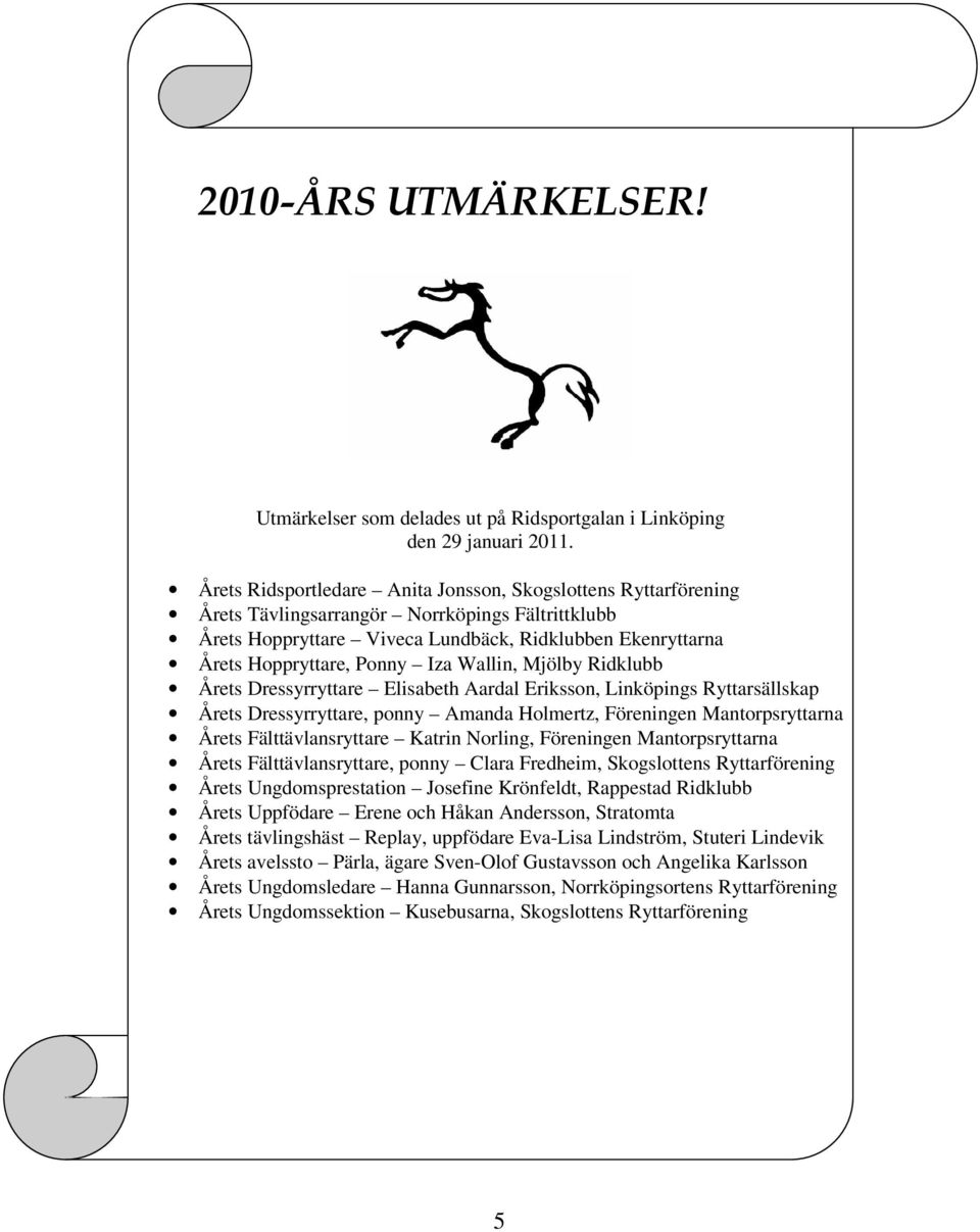 Iza Wallin, Mjölby Ridklubb Årets Dressyrryttare Elisabeth Aardal Eriksson, Linköpings Ryttarsällskap Årets Dressyrryttare, ponny Amanda Holmertz, Föreningen Mantorpsryttarna Årets Fälttävlansryttare
