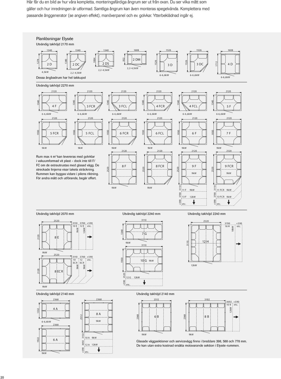 Planlösningar Elysée Utvändig takhöjd 2170 mm 1340 1340 1340 1608 1526 1526 1608 1274 1340 1084 2 D 2 DC 2 DS 2,2-4,5kW 4,5kW 2,2-4,5kW Dess Dessa a ångbadrum ångbadrum har hel takkupol har hel