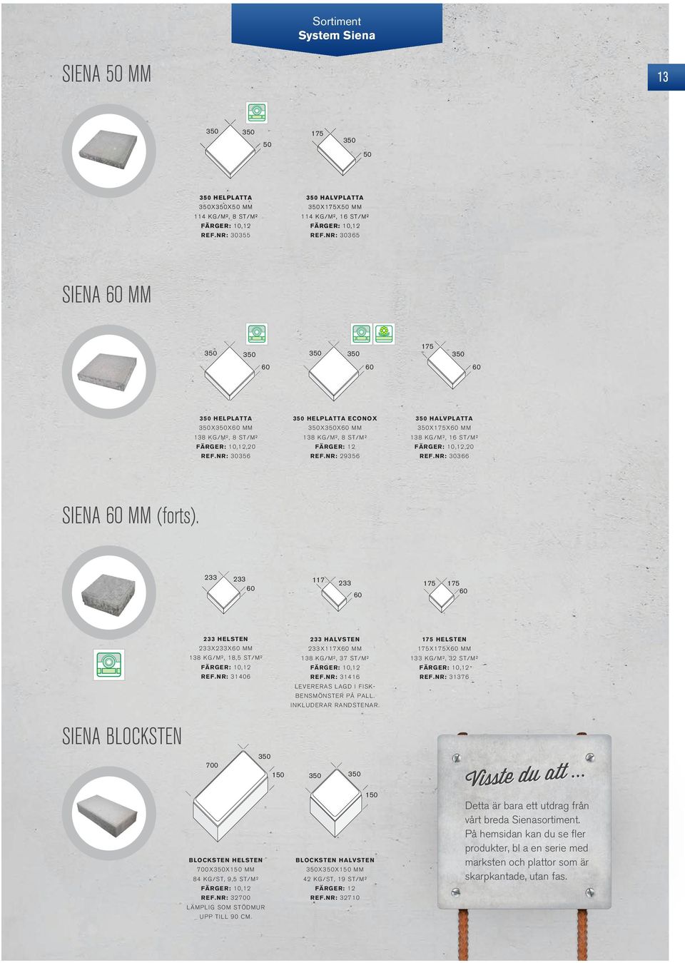 NR: 29356 350 HALVPLATTA 350X175X60 MM 138 KG/M², 16 ST/M²,20 REF.NR: 30366 SIENA 60 MM (forts). 233 233 60 117 233 175 175 60 60 233 HELSTEN 233X233X60 MM 138 KG/M², 18,5 ST/M² REF.