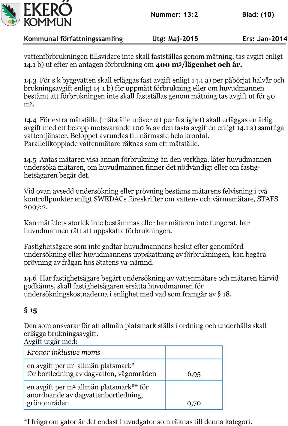 1 b) för uppmätt förbrukning eller om huvudmannen bestämt att förbrukningen inte skall fastställas genom mätning tas avgift ut för 50 m 3. 14.