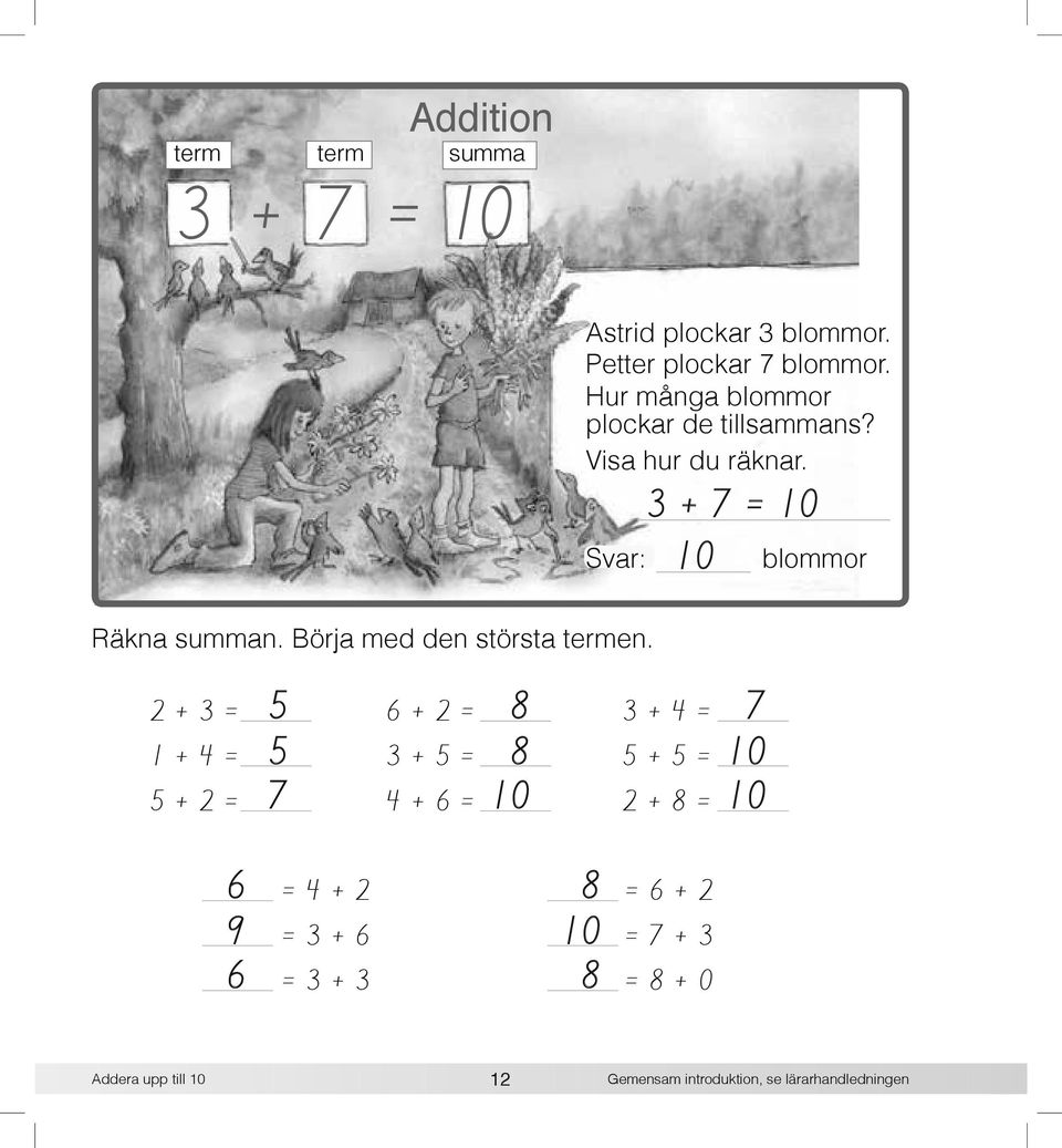 Svar: 3 + 7 = 10 10 blommor 2 + 3 = 1 + 4 = 5 + 2 = 5 6 + 2 = 8 3 + 4 = 7 5 3 + 5 = 8 5 + 5 = 10 7 4 + 6 = 10