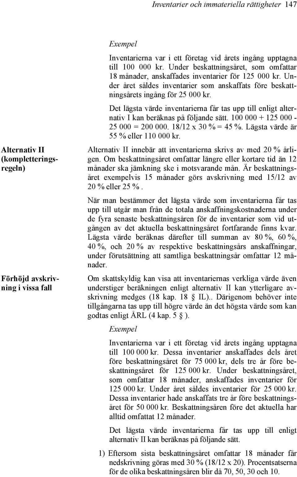 Det lägsta värde inventarierna får tas upp till enligt alternativ I kan beräknas på följande sätt. 100 000 + 125 000-25 000 = 200 000. 18/12 x 30 % = 45 %. Lägsta värde är 55 % eller 110 000 kr.