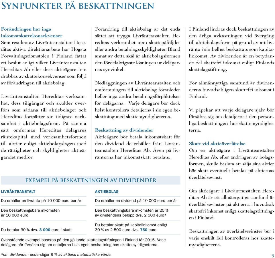 Livränteanstalten Hereditas verksamhet, dess tillgångar och skulder överförs som sådana till aktiebolaget och Hereditas fortsätter sin tidigare verksamhet i aktiebolagsform.