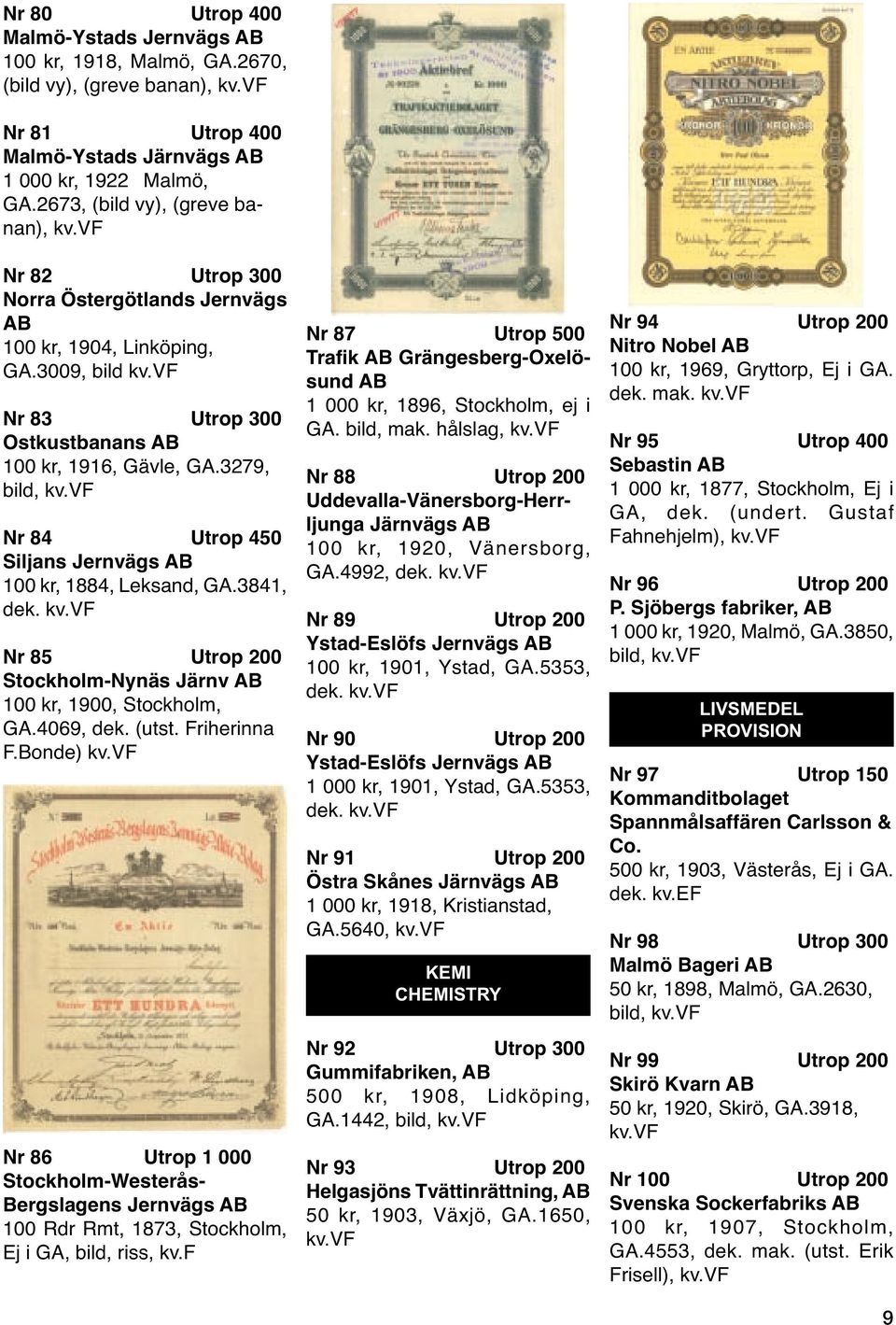 3279, bild, Nr 84 Utrop 450 Siljans Jernvägs 100 kr, 1884, Leksand, GA.3841, dek. Nr 85 Utrop 200 Stockholm-Nynäs Järnv 100 kr, 1900, Stockholm, GA.4069, dek. (utst. Friherinna F.