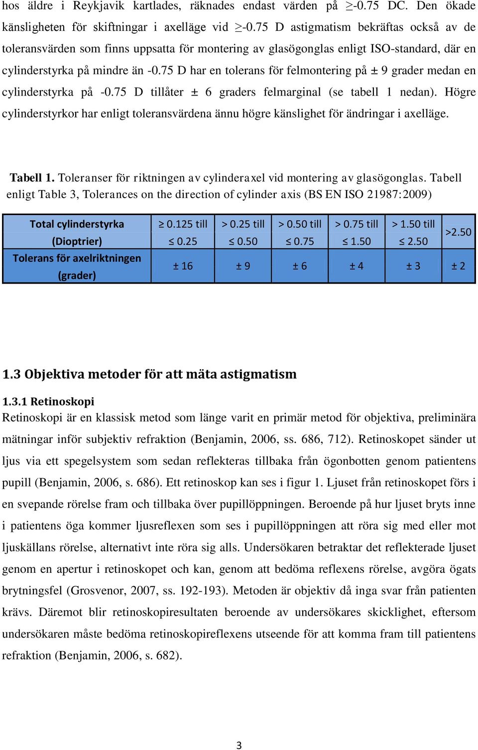 75 D har en tolerans för felmontering på ± 9 grader medan en cylinderstyrka på -0.75 D tillåter ± 6 graders felmarginal (se tabell 1 nedan).