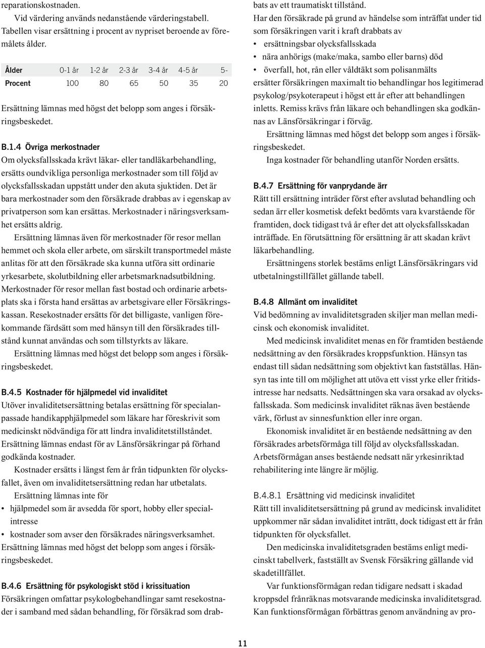 år 1-2 år 2-3 år 3-4 år 4-5 år 5- Procent 100 80 65 50 35 20 Ersättning lämnas med högst det belopp som anges i försäkringsbeskedet. B.1.4 Övriga merkostnader Om olycksfallsskada krävt läkar- eller