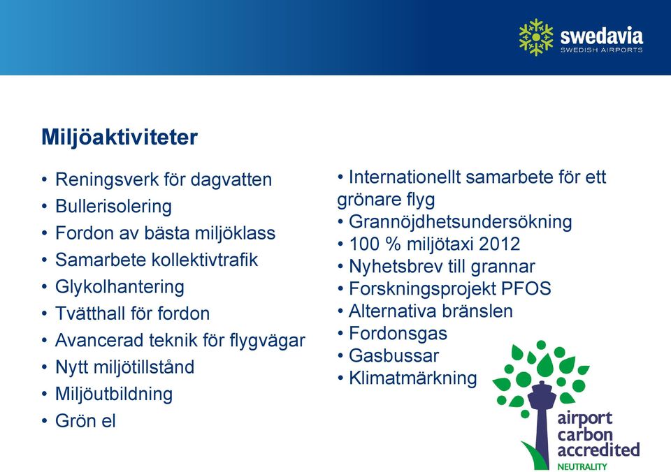 Miljöutbildning Grön el Internationellt samarbete för ett grönare flyg Grannöjdhetsundersökning 100 %