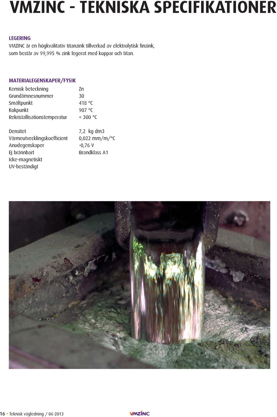 MATERIALEGENSKAPER/FYSIK Kemisk beteckning Zn Grundämnesnummer 30 Smältpunkt 418 C Kokpunkt 907 C