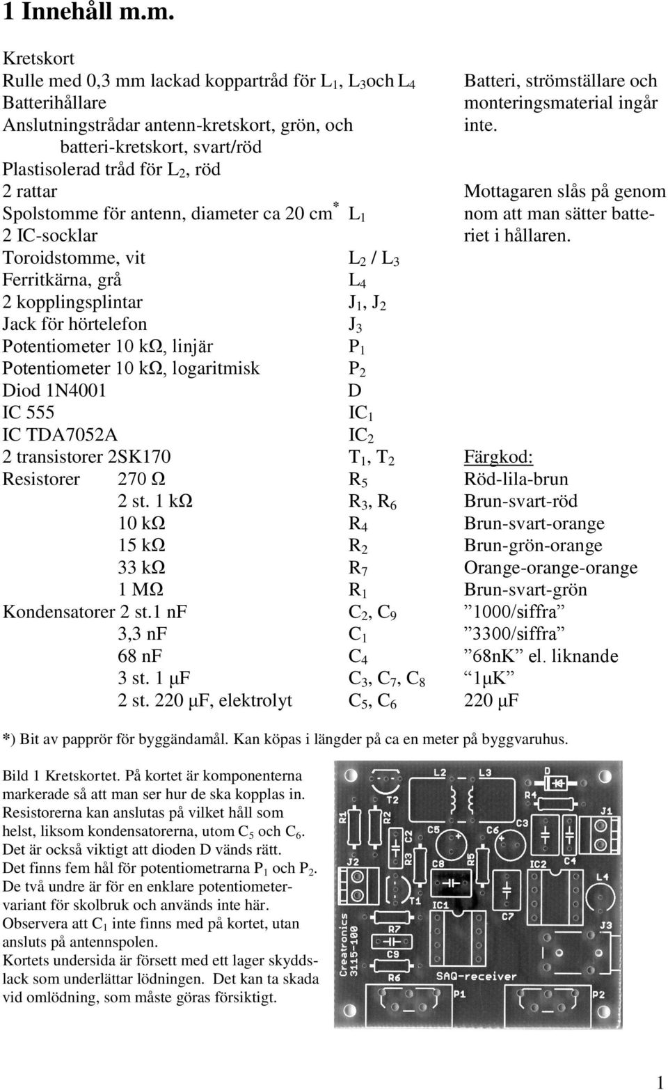 Toroidstomme, vit L 2 / L 3 Ferritkärna, grå L 4 2 kopplingsplintar J 1, J 2 Jack för hörtelefon J 3 Potentiometer 10 kω, linjär P 1 Potentiometer 10 kω, logaritmisk P 2 Diod 1N4001 D IC 555 IC 1 IC