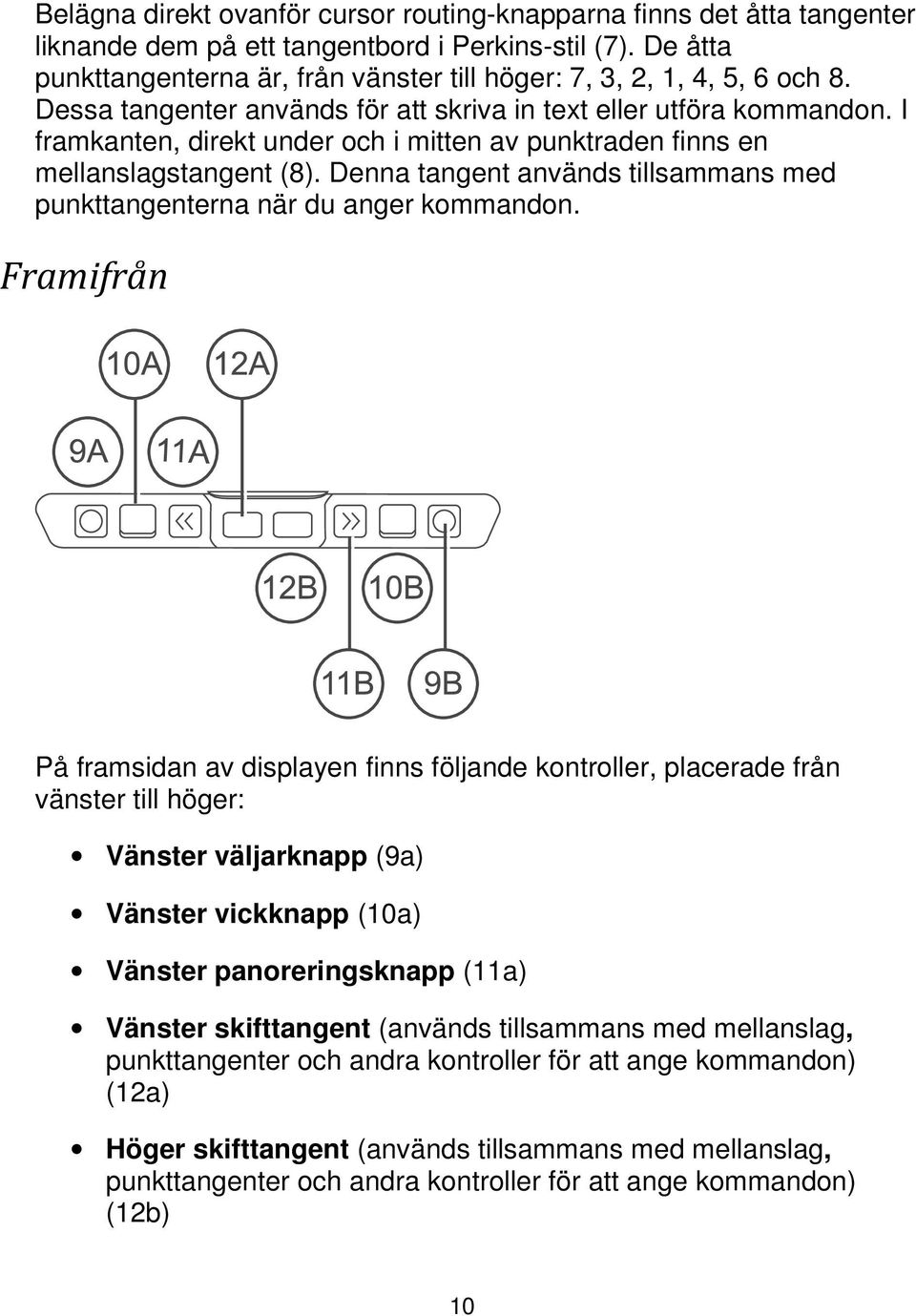 I framkanten, direkt under och i mitten av punktraden finns en stangent (8). Denna tangent används med punkttangenterna när du anger kommandon.