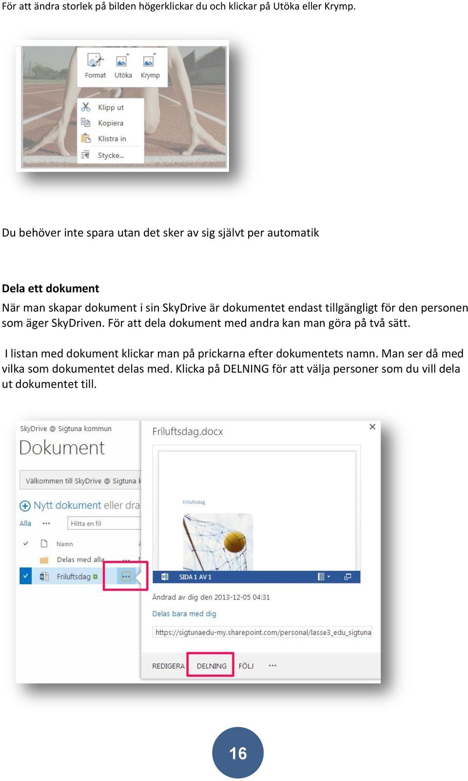 dokumentet endast tillgängligt för den personen som äger SkyDriven. För att dela dokument med andra kan man göra på två sätt.