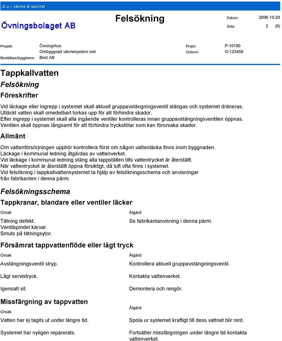 Ventilen skall öppnas långsamt för att förhindra tryckstötar som kan förorsaka skador. Allmänt Om vattenförsörjningen upphör kontrollera först om någon vattenläcka finns inom byggnaden.