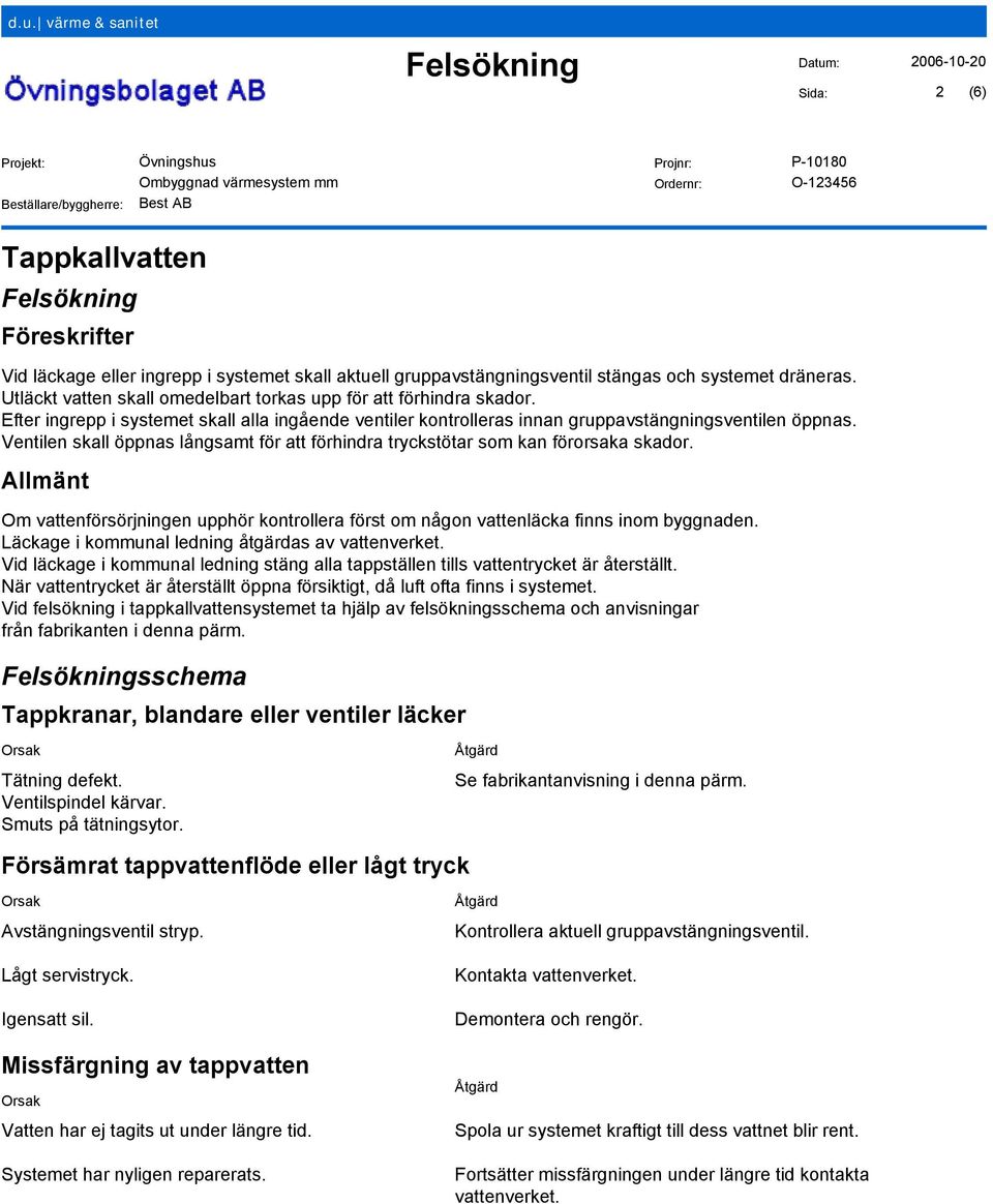 Ventilen skall öppnas långsamt för att förhindra tryckstötar som kan förorsaka skador. Allmänt Om vattenförsörjningen upphör kontrollera först om någon vattenläcka finns inom byggnaden.