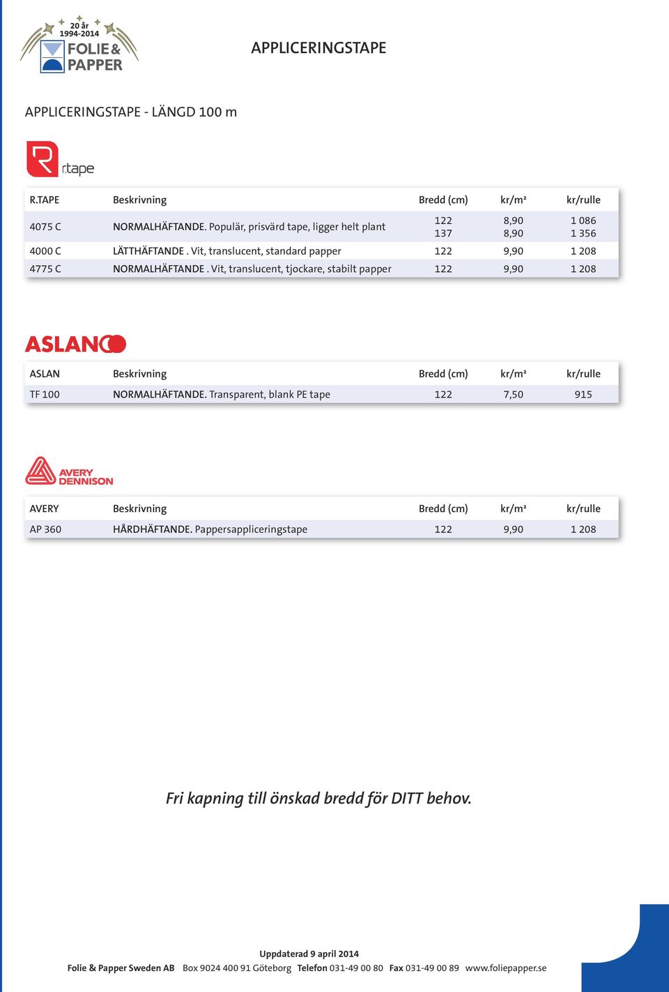 Vit, translucent, standard papper 122 9,90 1 208 4775 C NORMALHÄFTANDE.