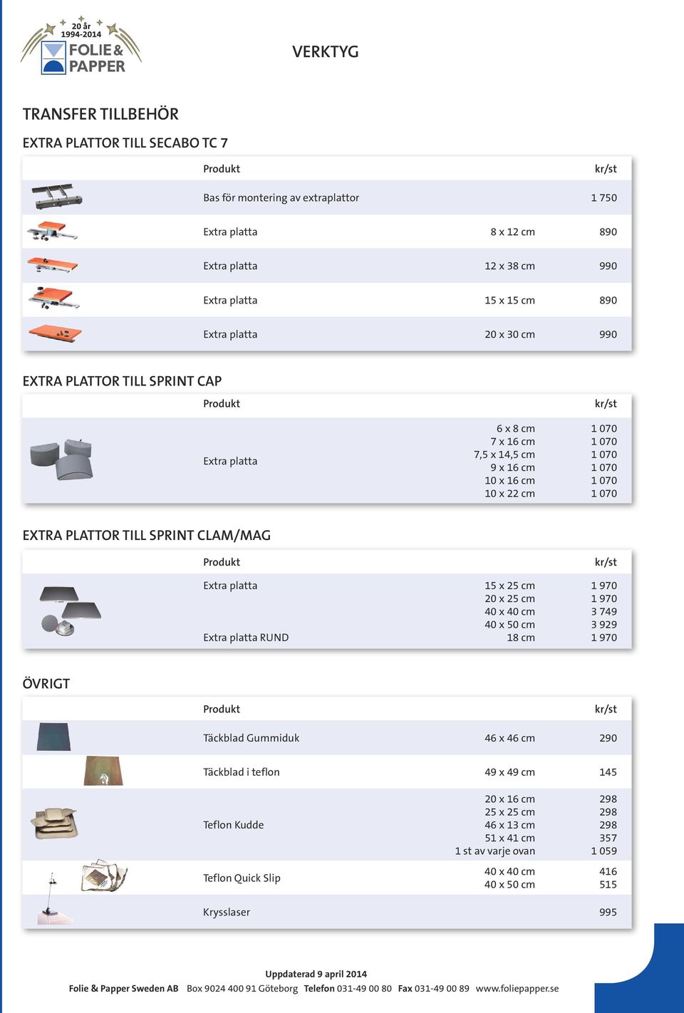 PLATTOR TILL SPRINT CLAM/MAG Produkt Extra platta Extra platta RUND 15 x 25 cm 20 x 25 cm 40 x 40 cm 40 x 50 cm 18 cm kr/st 1 970 1 970 3 749 3 929 1 970 ÖVRIGT Produkt kr/st Täckblad Gummiduk 46