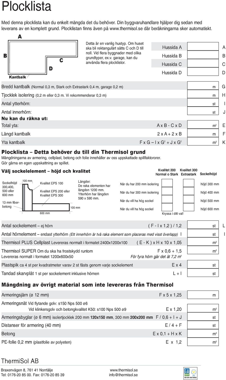 Hussida A Hussida B Hussida C Hussida D A B C D Bredd kantbalk (Normal 0,3 m, Stark och Extrastark 0,4 m, garage 0,2 m) m G Tjocklek isolering (0,2 m eller 0,3 m.