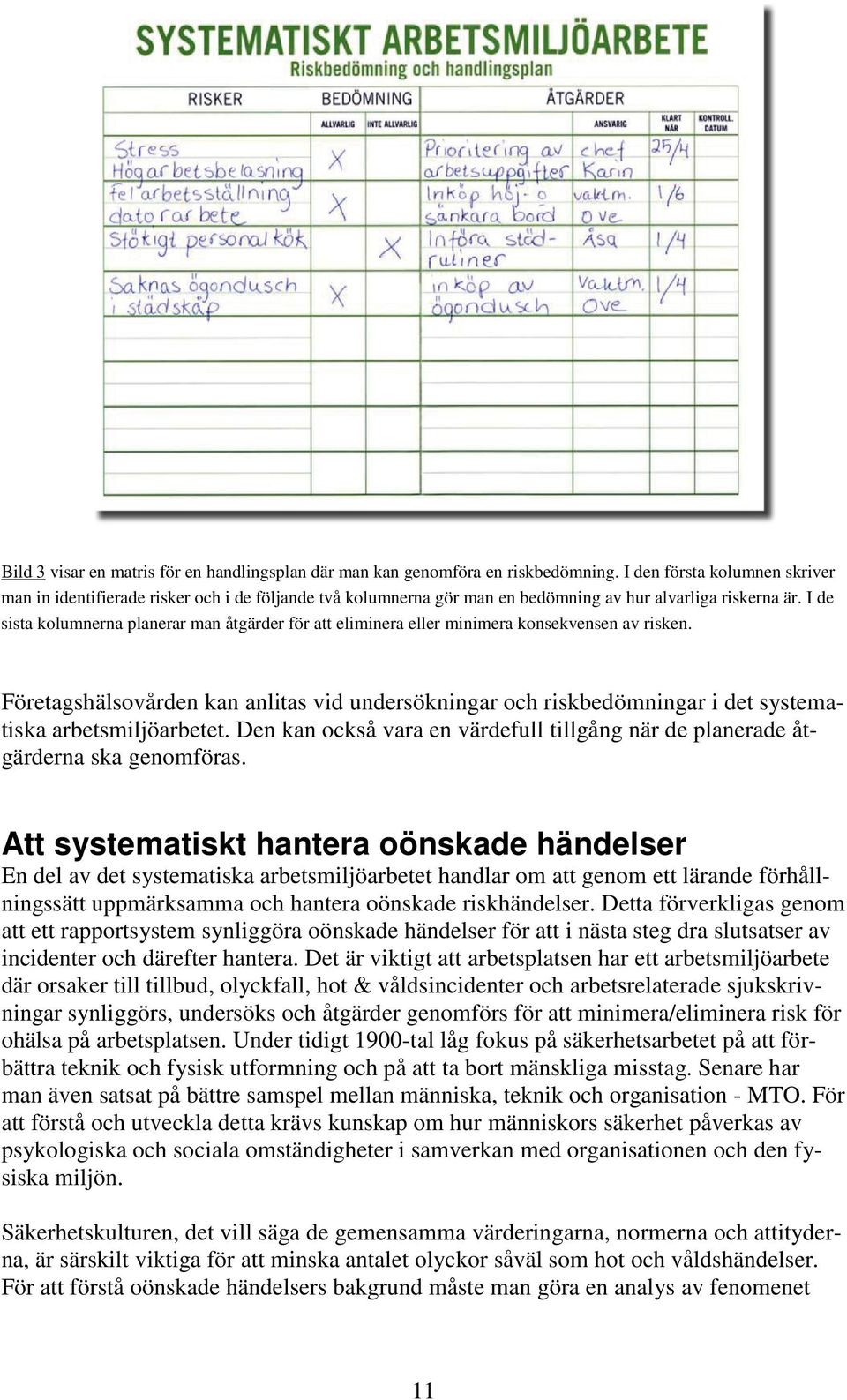 I de sista kolumnerna planerar man åtgärder för att eliminera eller minimera konsekvensen av risken.