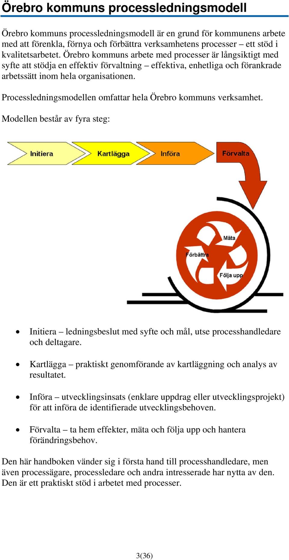 Processledningsmodellen omfattar hela Örebro kommuns verksamhet. Modellen består av fyra steg: Initiera ledningsbeslut med syfte och mål, utse processhandledare och deltagare.