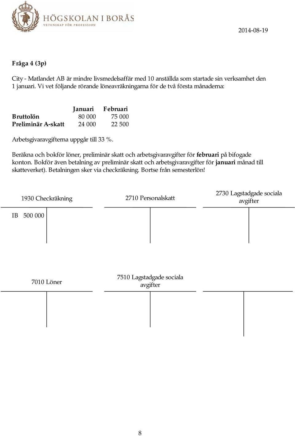 till 33 %. Beräkna och bokför löner, preliminär skatt och arbetsgivaravgifter för februari på bifogade konton.