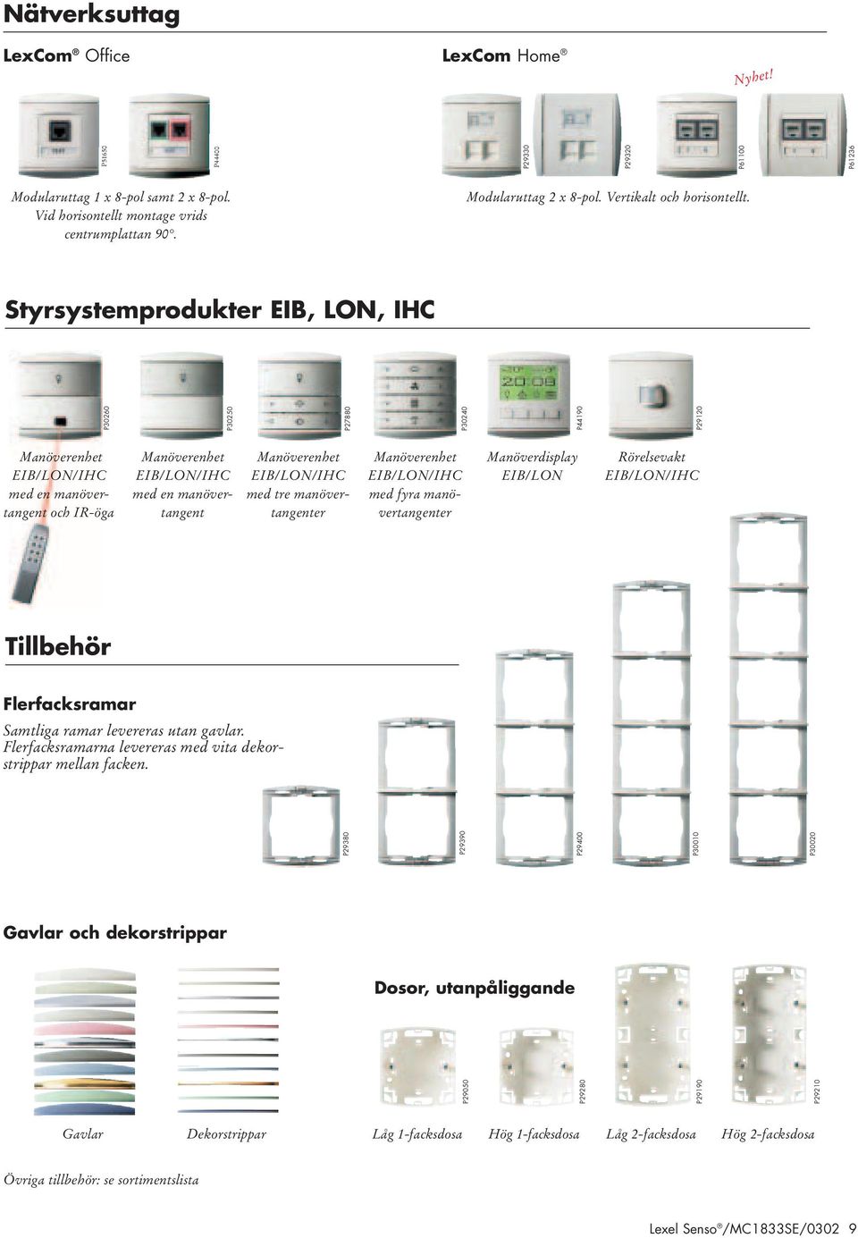 manövertangenter Manöverdisplay EIB/LON Tillbehör Flerfacksramar Samtliga ramar levereras utan gavlar. Flerfacksramarna levereras med vita dekorstrippar mellan facken.