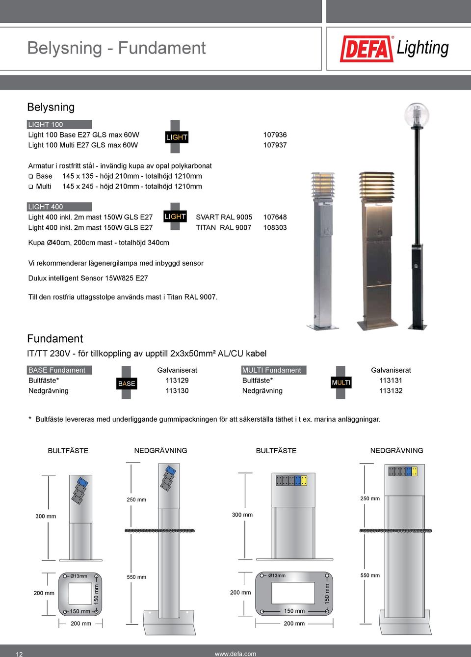 2m mast 150W GLS E27 TITAN RAL 9007 108303 Kupa Ø40cm, 200cm mast - totalhöjd 340cm Vi rekommenderar lågenergilampa med inbyggd sensor Dulux intelligent Sensor 15W/825 E27 Till den rostfria