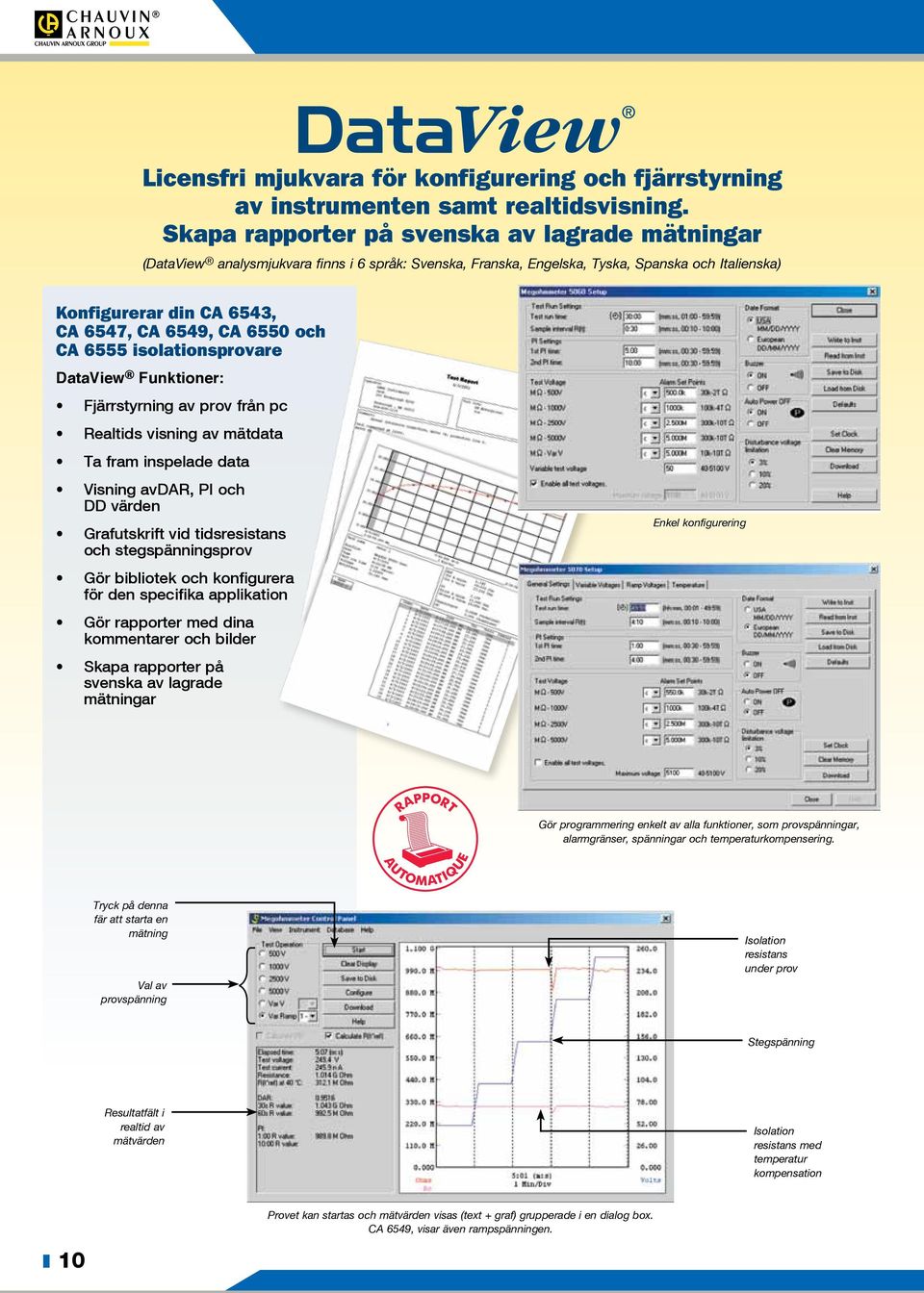 6550 och CA 6555 isolationsprovare DataView Funktioner: Fjärrstyrning av prov från pc Realtids visning av mätdata Ta fram inspelade data Visning avdar, PI och DD värden Grafutskrift vid tidsresistans