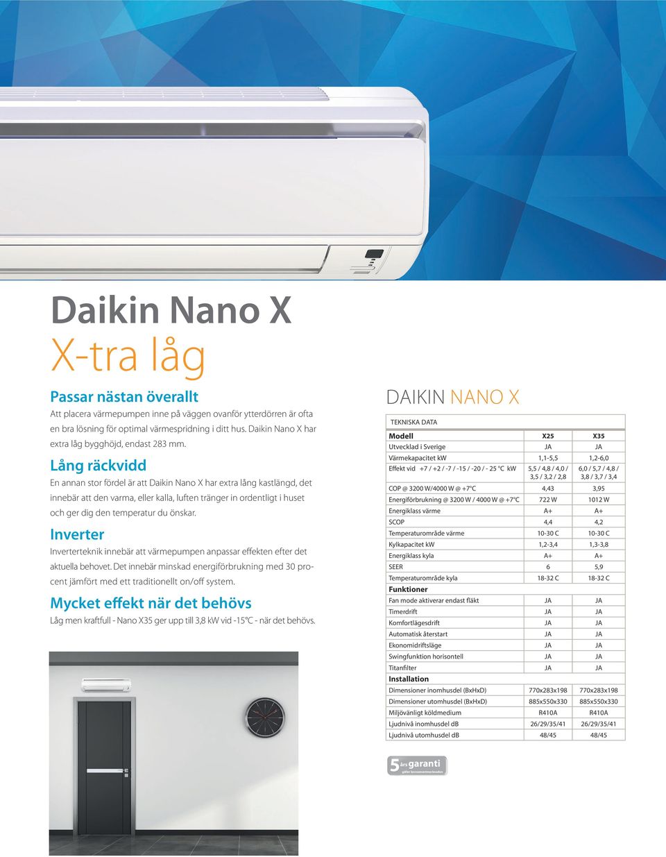 Lång räckvidd En annan stor fördel är att Daikin Nano X har extra lång kastlängd, det innebär att den varma, eller kalla, luften tränger in ordentligt i huset och ger dig den temperatur du önskar.