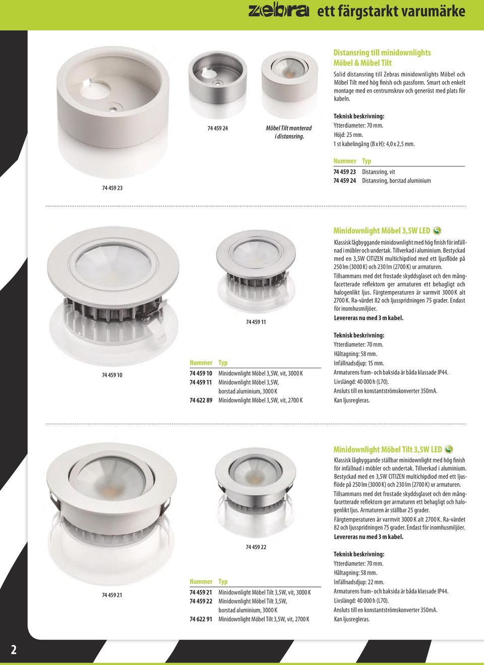 74 459 23 74 459 23 Distansring, vit 74 459 24 Distansring, borstad aluminium 74 459 10 74 459 11 74 459 10 Minidownlight Möbel 3,5W, vit, 3000 K 74 459 11 Minidownlight Möbel 3,5W, borstad