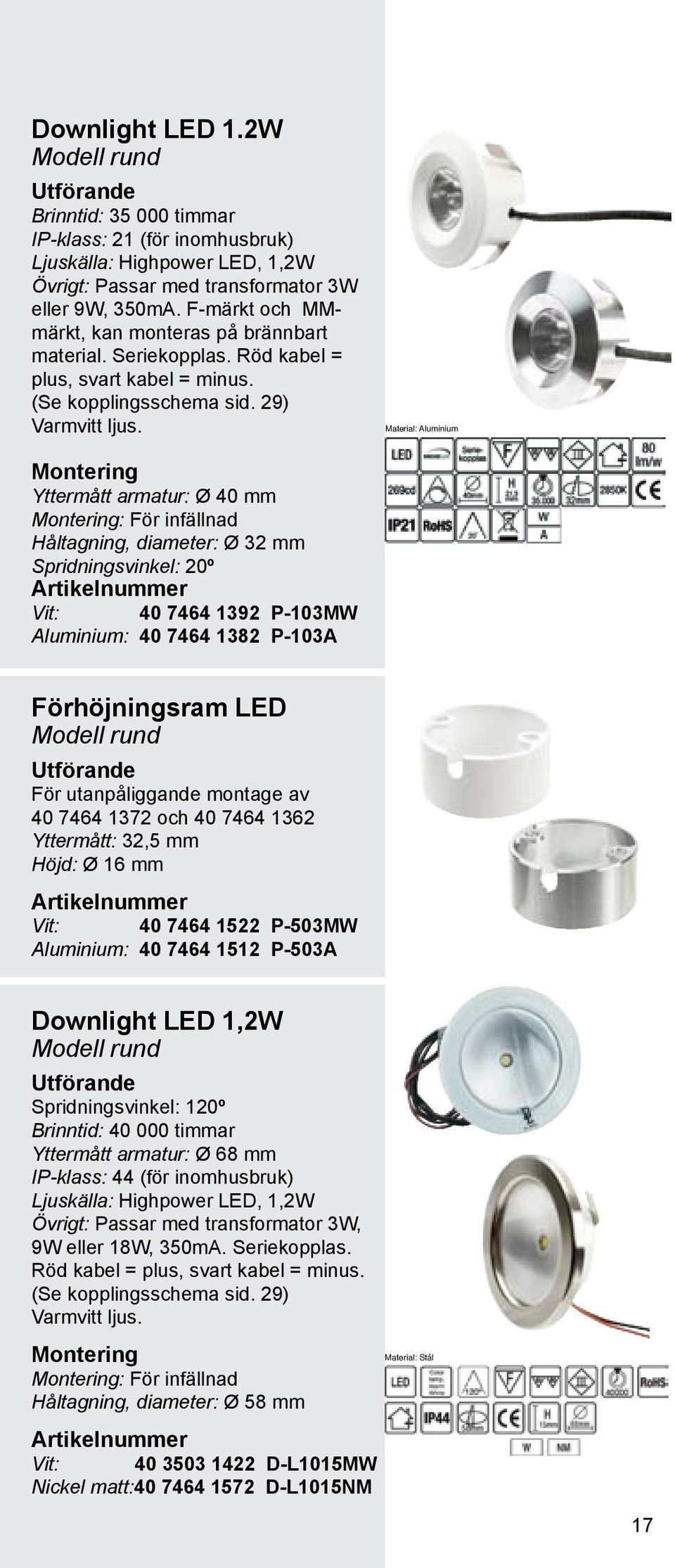 Material: Aluminium Yttermått armatur: Ø 40 mm : För infällnad Håltagning, diameter: Ø 32 mm Spridningsvinkel: 20º Vit: 40 7464 1392 P-103MW Aluminium: 40 7464 1382 P-103A Förhöjningsram LED Modell