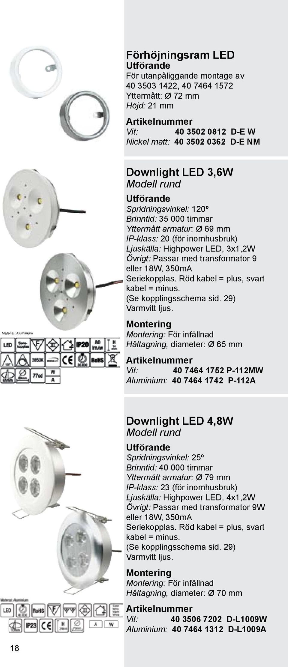 18W, 350mA Seriekopplas. Röd kabel = plus, svart kabel = minus. (Se kopplingsschema sid. 29) Varmvitt ljus.