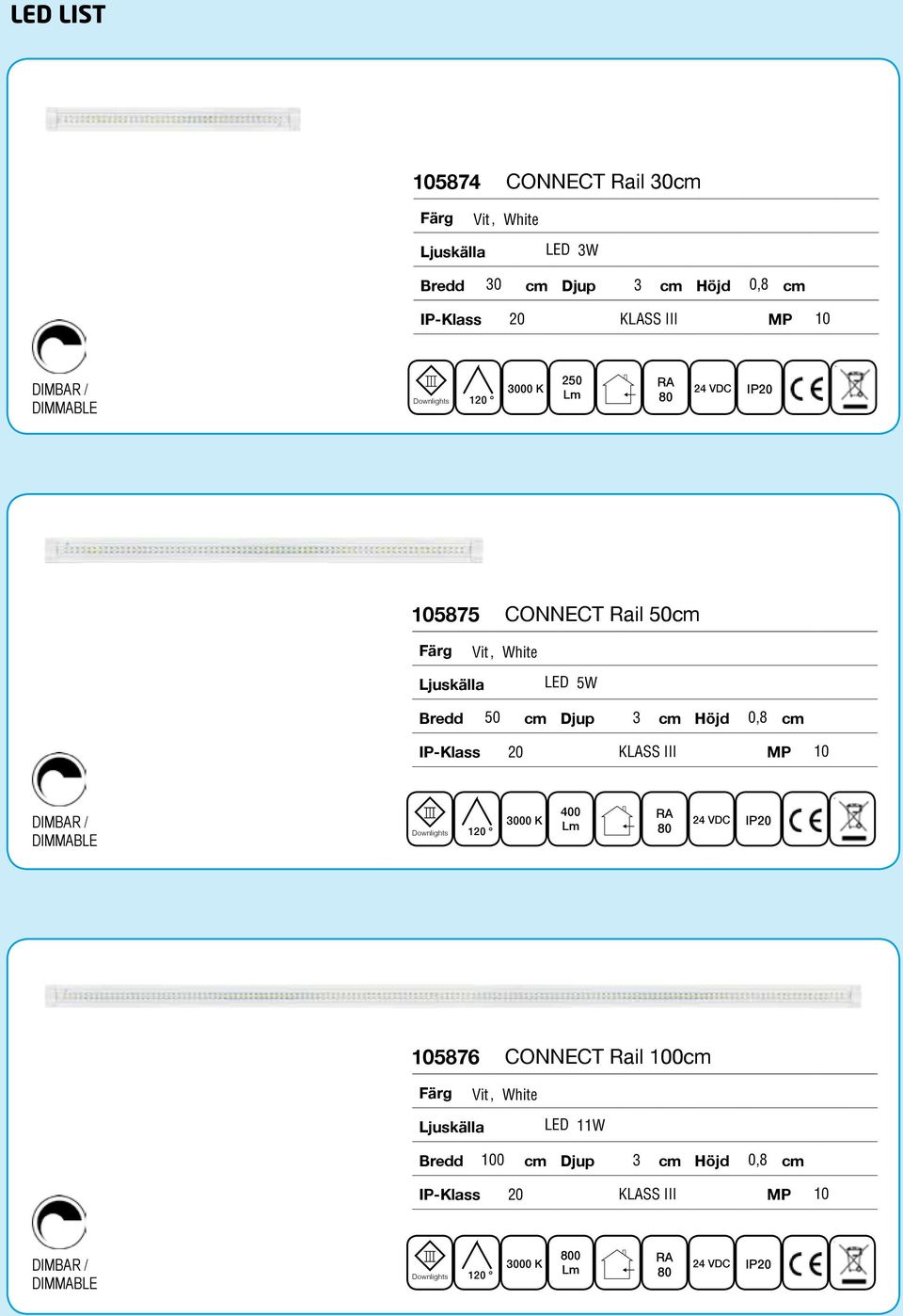 cm Höjd 0,8 cm DIMBAR / DIMMABLE Downlights 120 3000 K 400 Lm RA 80 24 VDC IP20 105876 CONNECT Rail 100cm